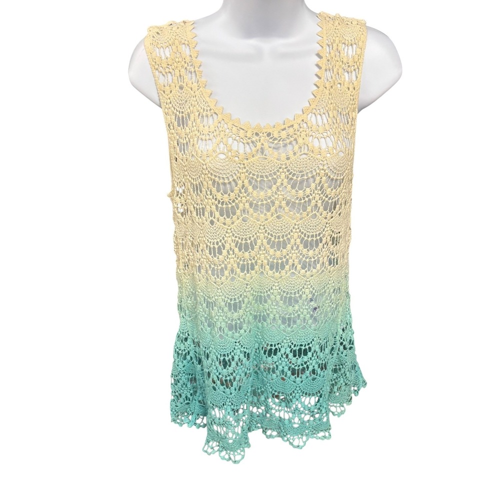 ALT. B Crochet Tank Top‎ Sleeveless Ombre Beige Green Festival Beach Coverup Y2K